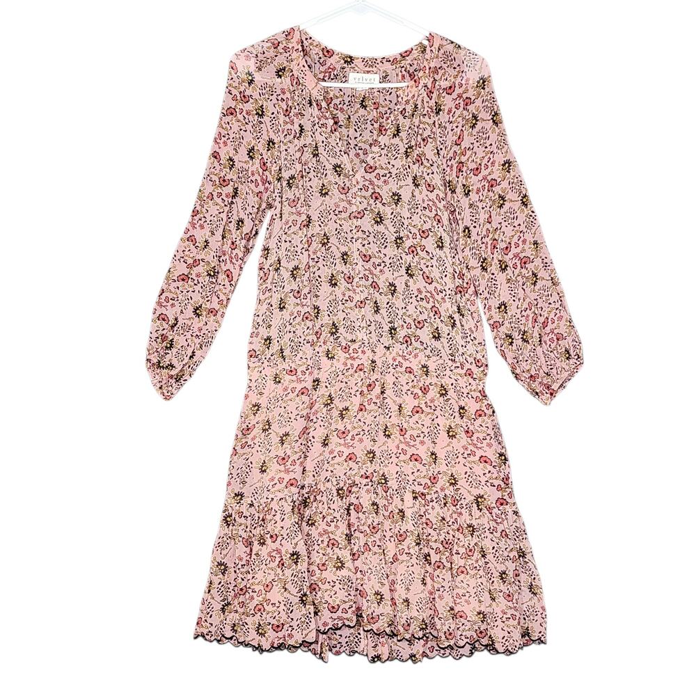 Velvet by Graham & Spencer Aubrey Printed Peasant Dress Pink Floral Print Medium